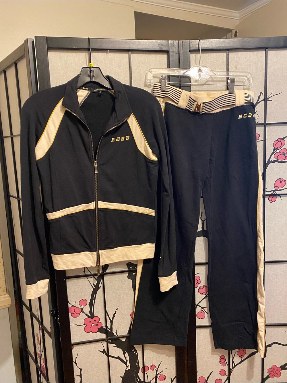 BCBG Black and Cream Zip-Front Track Jacket with Gold Accents